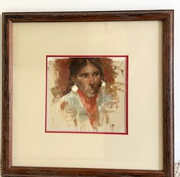 1987 Signed Framed And Matted Native American Portrait Acrylic On Artist Board 18.5' X 17'