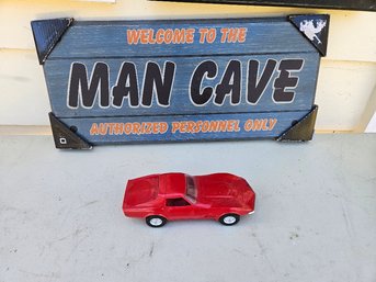#109 - Mancave Wooden Sign (New) With Vintage Corvette Red Promo Car