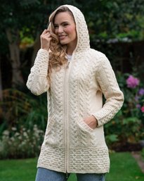 Brand New Ladies $225 ARANCRAFT Irish Merino Wool Hooded Coat - Size XXL Natural Color - Made In Ireland WOW !