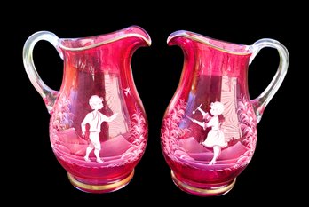 Pair 11' Vintage Mary Gregory Cranberry Glass Pitchers