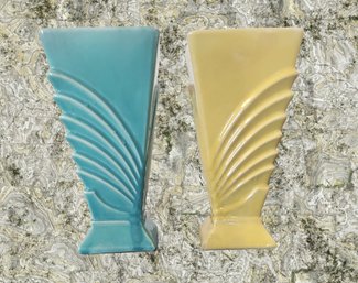 Pair Vintage 1940s McCoy Art Deco Turquois & Yellow Ribbed Vases