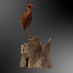 Vintage Teak Carved Heron On Driftwood Signed