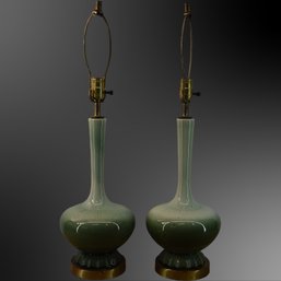 Pair Of Mid Century Green Glass Lamps