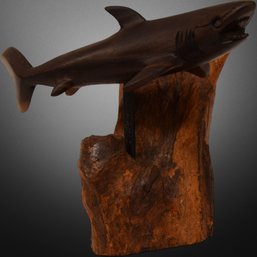 Carved Shark Mounted On Driftwood