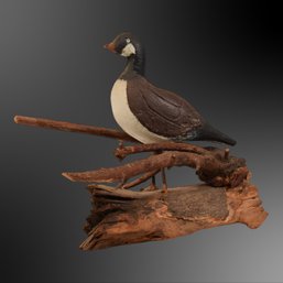 Hand Carved Wooden Goose Mounted On Drift Wood