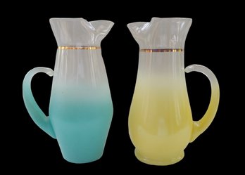 Pair Vintage Mid Century Modern Blendo Blue Ombre & Yellow 9' Satin Martini Glass Pitchers
