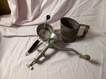 Selection Of 3 Pieces Vintage Metal Ware - Masher, Sifter, Grinder