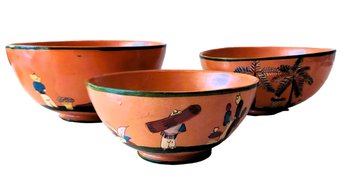 Graduating Set Of 3 Vintage Hand Painted Mexican Pottery Mixing Bowls