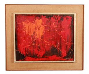Mid Century Modern Abstract Red & Orange Oil On Board Painting By Paprocki