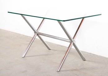 Mid Century Modern Chrome & Glass X Base Side / Occasional Table - Milo Baughman Style