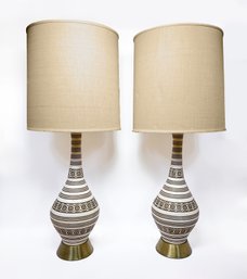 Pair Of Large Mid-century White Brown Striped Table Lamps
