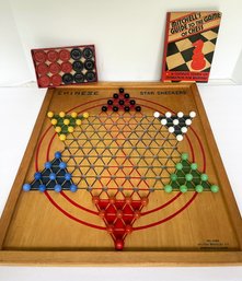 Vtg Milton Bradley Co. #4180 CHINESE STAR CHECKERS Wooden Board W/marbles, Plastic Checkers Pieces, Chess Book