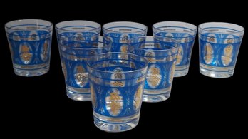 Set Of 8 Vintage Mid Century Hazel Atlas Blue & Gold Grape Wheat Rocks Glasses