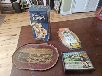 152: Mixed Lot Vintage Metal Tray & Playing Cards, Calculator And Jenga