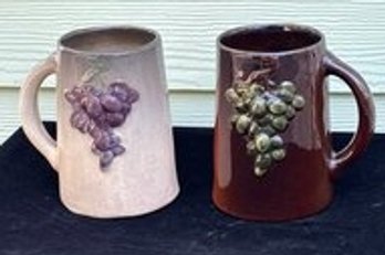 Rare Pair Weller Pottery  Floretta  Beer Wine Coffee Mugs With Grape Design