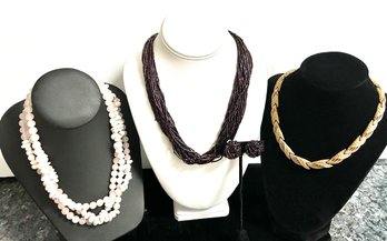 VTG Lot Of 3 Necklaces: Purple Czech Glass Torsade W/ Earrings, Gold Tone Monet, Rose Quartz And Puka Shell