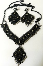 Vintage Black Filigree Squares W/Pronged Rhinestones Long 40' Statement Necklace & Matching  3'Clip Earrings