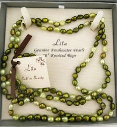 Lita Jewelry  Lita Genuine Freshwater Pearls 50 Knotted Rope Necklace Green Shades Box & Tag
