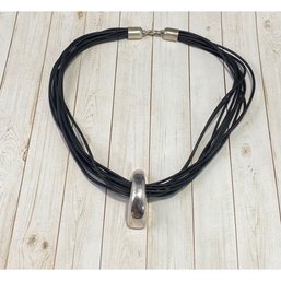 Vintage Modern Sterling Silver And Multi Strand Leather Cord Necklace
