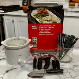 Small Crock Pot, New Weber Stainless Steel Grill Pan, Steak Knives & Utensils