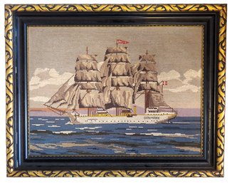 Vintage 1936 Danish Merchant Navy Ship DANMARK Framed Needlepoint