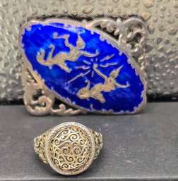 925 Paj Sterling & Gold Embossed Bezel Ring & Siam Sterling Brooch Pin With Blue Niello Enamel