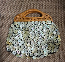 Vintage 70s Style Designer Wood Frame Purse With Abalone Sequin Buttons From Vietnam
