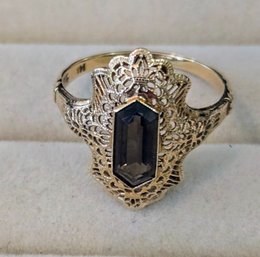 Victorian Inspired 14 Karat Gold Filigree Ring With Faceted Smoky Quartz Stone