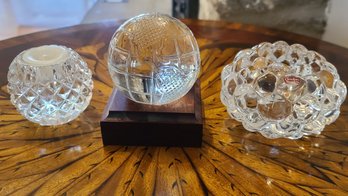 Orrefors Cut Crystal Votives With Mounted Crystal Globe Paperweight