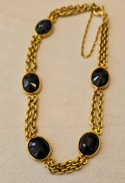 18kt. Gold And Sapphire Stone  Multi- Chainlink Bracelet With Faceted Onyx In Bezel Setting