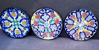 Trio Of Multi Colored Vintage Mexican Talavera Plates