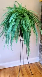 Metal Plant Stand With Potted Faux Fern In Woven Basket Planter