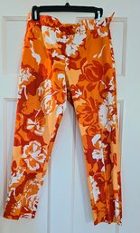 Designer Dress Pants By Loro Piana, Italy, In A Bright Orange & Red Tropical Pattern - Size 44