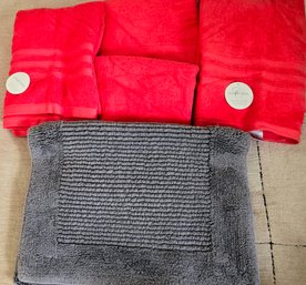 Bright Coral  Bath Towels ByCharisma With Steel Gray Plush Bath Rug