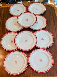 Set Of 10 Vintage Royal Albert Crimson And Gold Dinner Plates With Center Monogram Hallmark And Backstamp