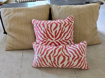 Set Of 4 Throw Pillows - 2 Coral Pink Zebra Print & 2 Potterybarn Natural Burlap