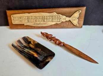 Antique Letter Opener With Carved Grapevine Handle,  A Tortoise Shell Catchall Dish & Mounted Scrimshaw Whale