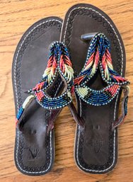 Handmade African Beaded Leather Thong Sandals - Size 8