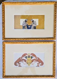 2 Vintage Kitchen Chef Prints With Beaded Gilt Frames