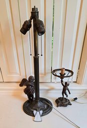 Vintage Neoclassical Style Antique Bronze Table Lamps And Cherub/angel Decor