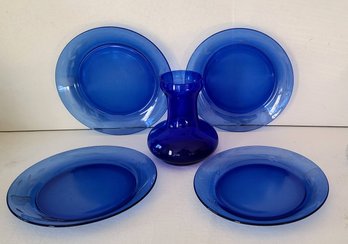 Four Cobalt Blue Glass Plates Paired With Cobalt Vase