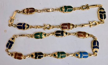 2 Stamped 585 / 18kt Gold & Enamel Egyptian Scarab Beetle Charm Link Bracelets