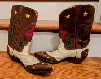 Leather Rodeo Cowboy Boots With Desert Saguaro Cactus And Agave Design