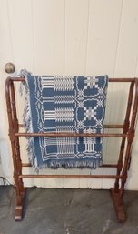 Vintage Wooden Blanket/quilt Holder And Blue Quilt