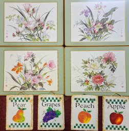 Group Of Four Fruit Motif Bistro Style Tile Fruit Signs Paired With Pretty Floral Pimpernel Placemats