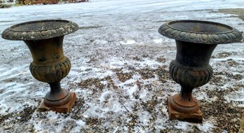 Pair Of Wrought Iron Black Urns/planters - Very Heavy!