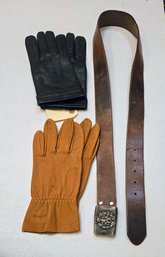 (2) Mens Orvis Cashmere Lined Leather Driving Gloves And Belt With 'cockpit USA' Metal Buckle With Hallmark