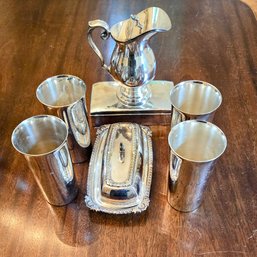 Personalized Vintage Silver Plated Tableware - 4 Tumblers, Bar Pitcher, Butter Keeper & Hinged Trinket Box