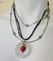 2 Layering Necklaces - 1 With Quartz Stone And Leather Cord & One Long Chain With Enamel Medallions