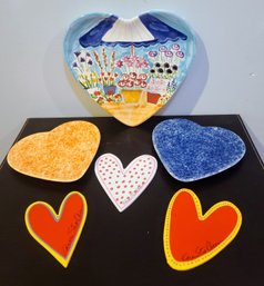 Fun Grouping Of Six Pottery And Wooden Hearts